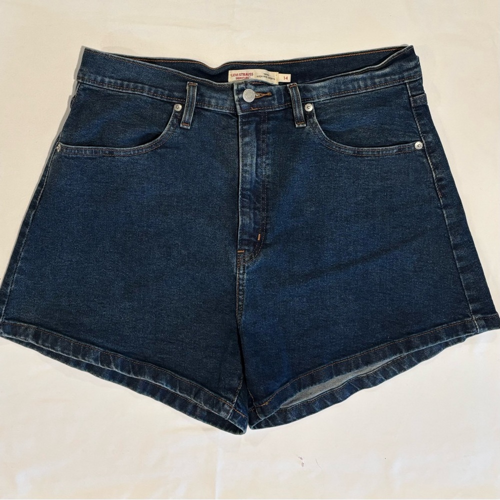 Levi Strauss Signature Vintage High Rise Dark Blue Stretch Denim Shorts 14